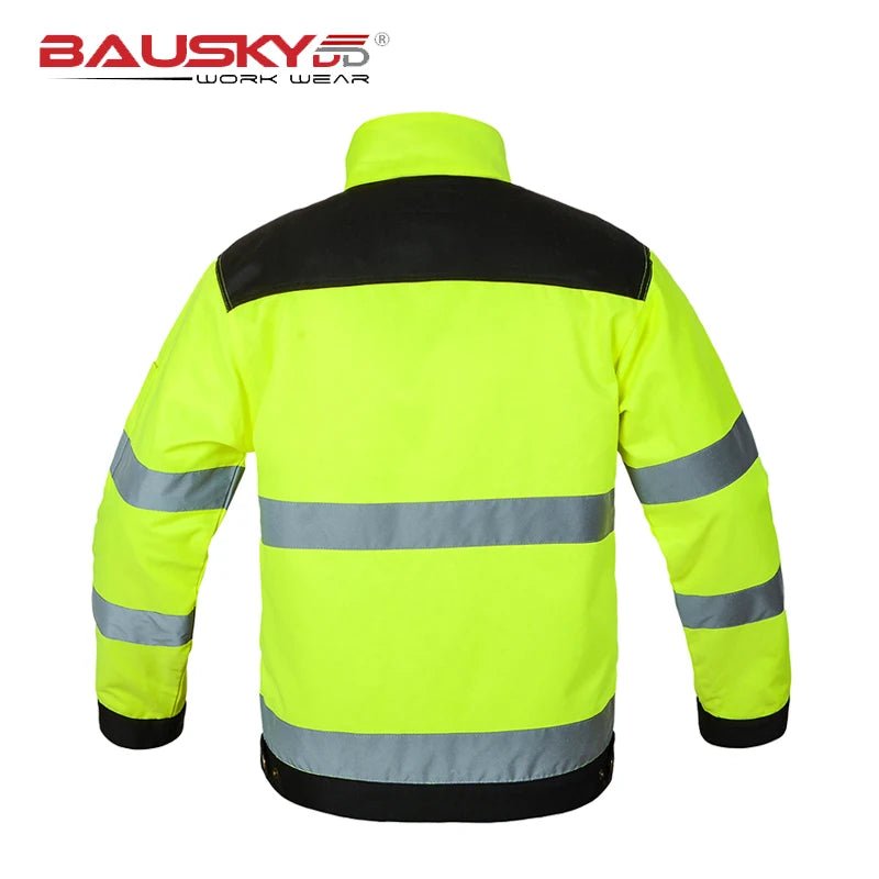 Bauskydd Reflective Jacket in Fluorescent Yellow. Multi-pockets Safety Workwear Clothing - DeltaProtective