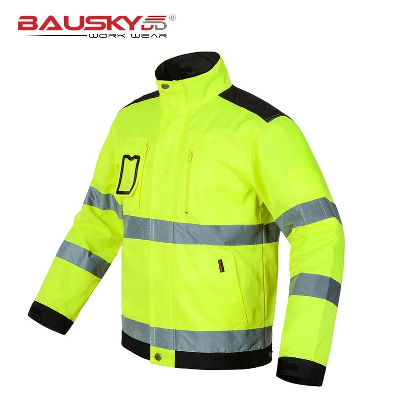 Bauskydd Reflective Jacket in Fluorescent Yellow. Multi-pockets Safety Workwear Clothing - DeltaProtective