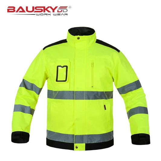 Bauskydd Reflective Jacket in Fluorescent Yellow. Multi-pockets Safety Workwear Clothing - DeltaProtective